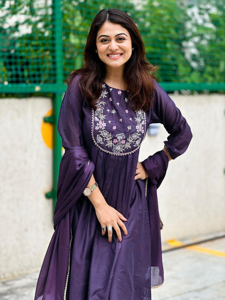 Purple Chanderi Yoke Embroidery A-Line Kurta Set  - By Janasya