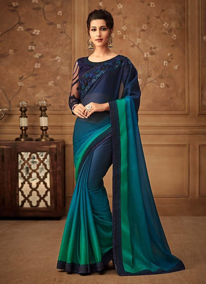 Shaded Blue And Green Color Silk Base Heavy Work Designer Look Saree  - By Kreeva