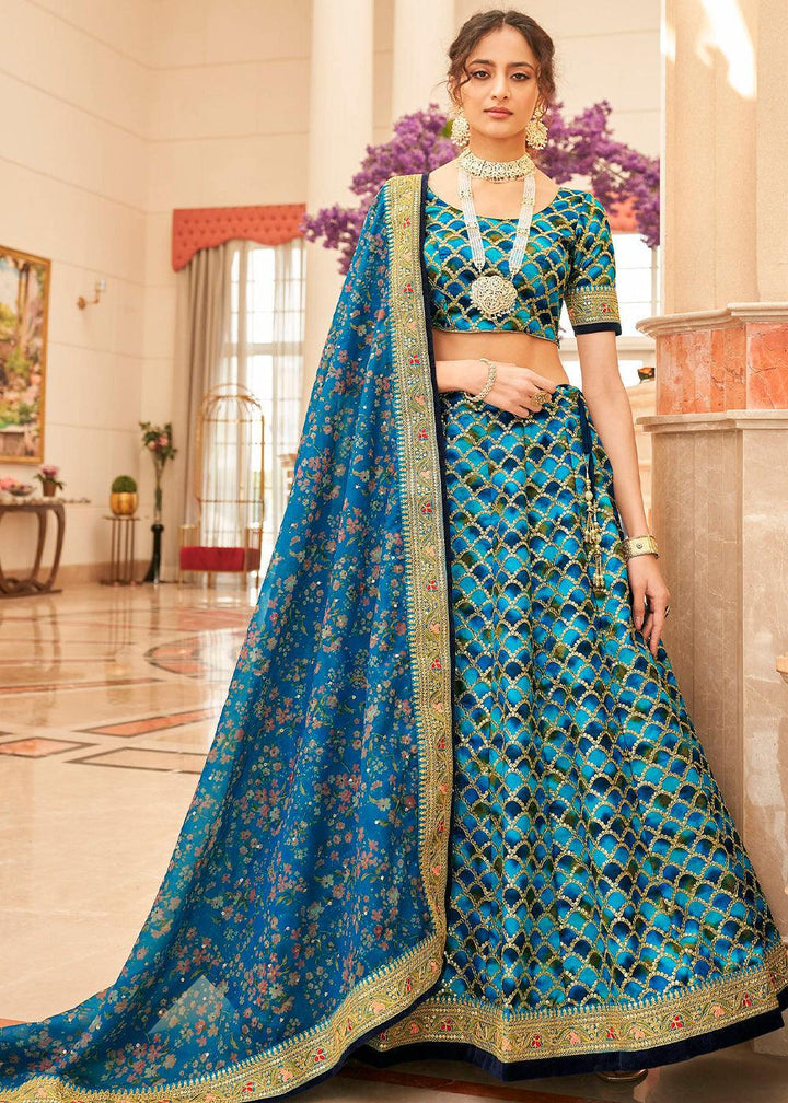 Shades Of Blue Art Silk Lehenga Choli with Thread, Zari,Dori & Sequins work - qivii