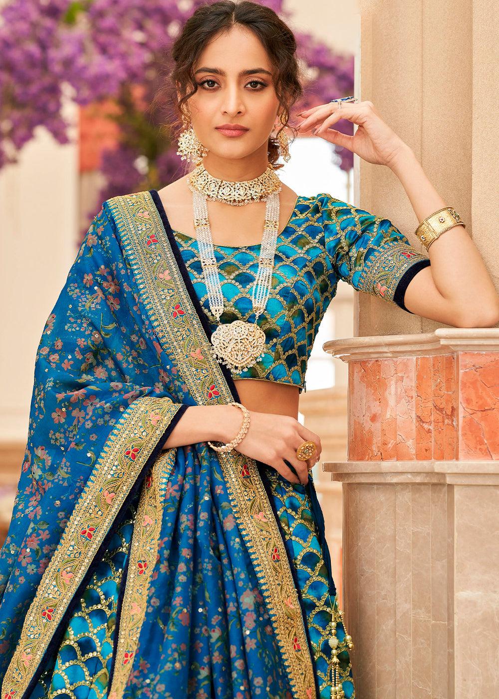 Shades Of Blue Art Silk Lehenga Choli with Thread, Zari,Dori & Sequins work - qivii