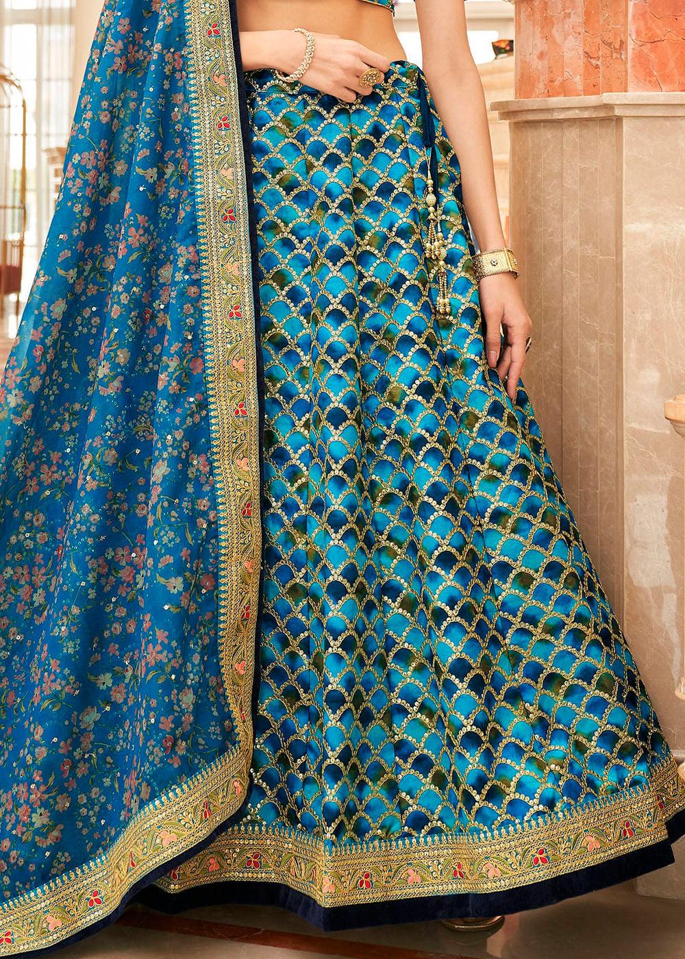 Shades Of Blue Art Silk Lehenga Choli with Thread, Zari,Dori & Sequins work - qivii