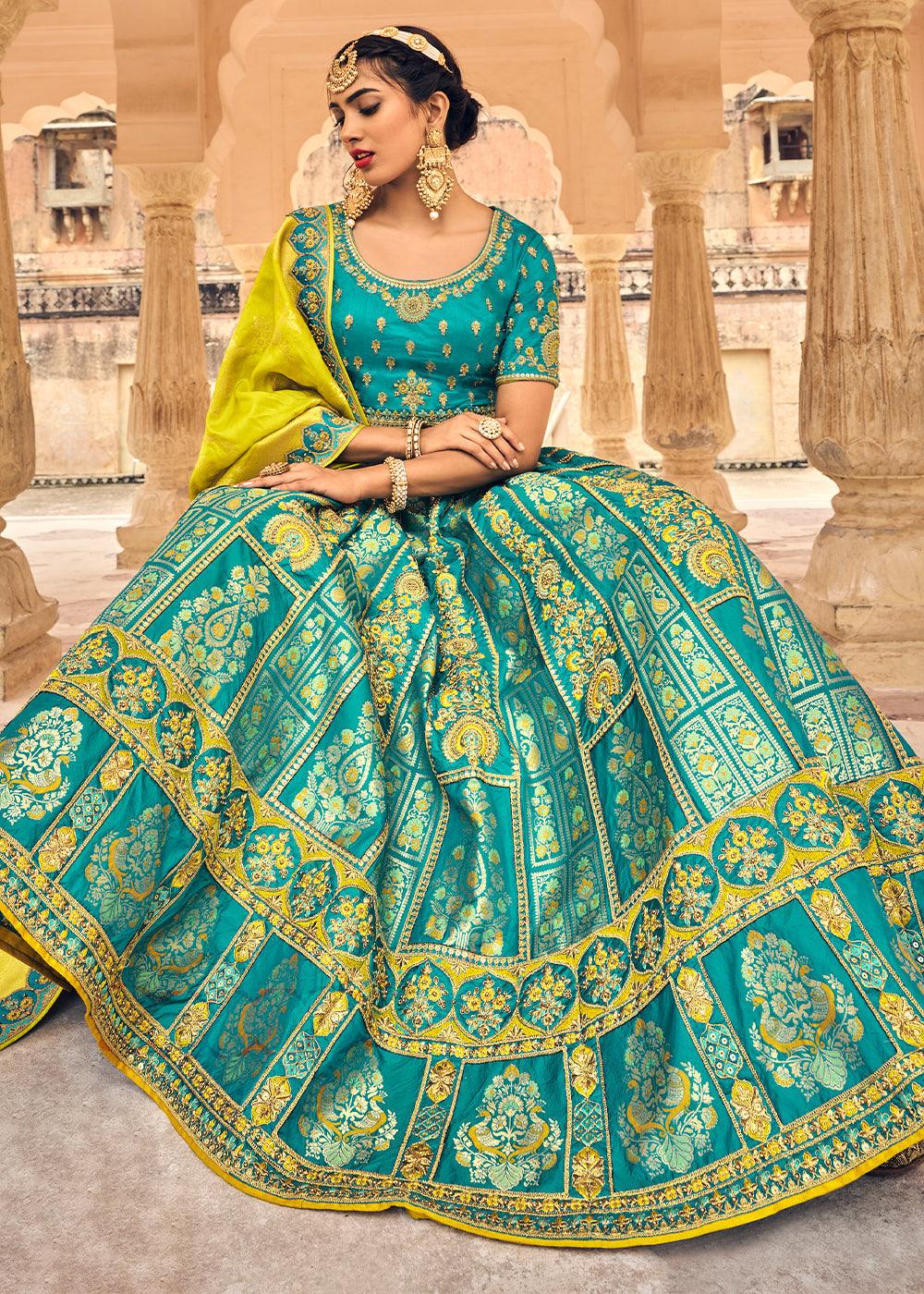 Shades Of Blue Banarasi Silk Lehenga Choli with Heavy Embroidery Work - qivii