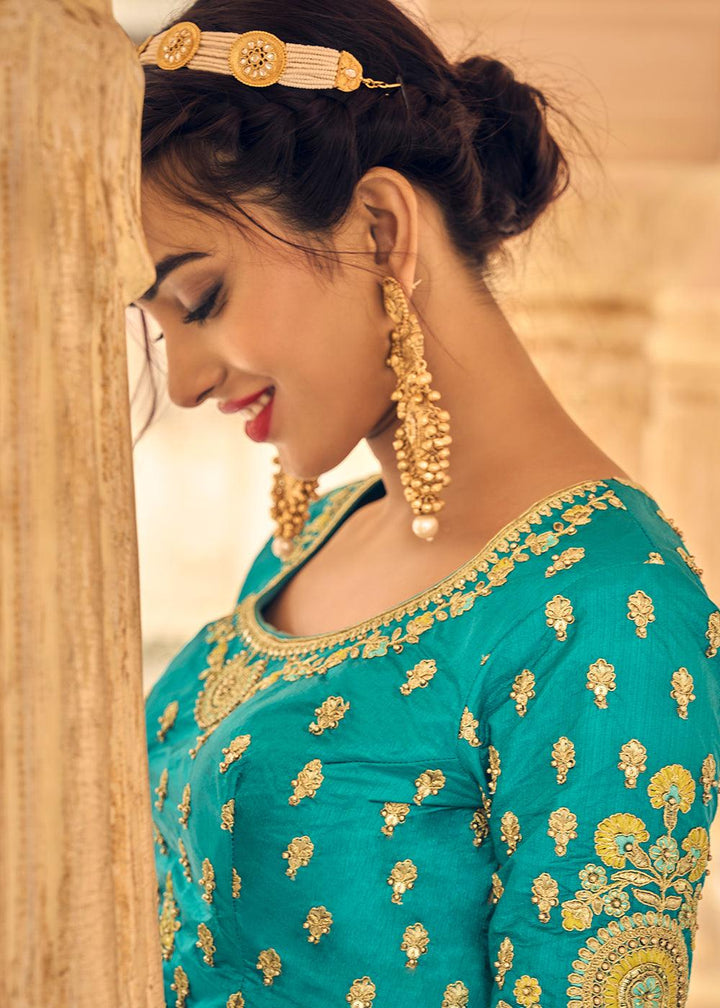 Shades Of Blue Banarasi Silk Lehenga Choli with Heavy Embroidery Work - qivii