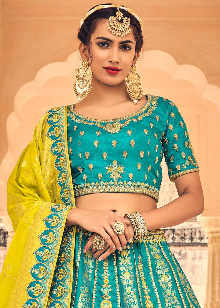 Shades Of Blue Banarasi Silk Lehenga Choli with Heavy Embroidery Work - qivii