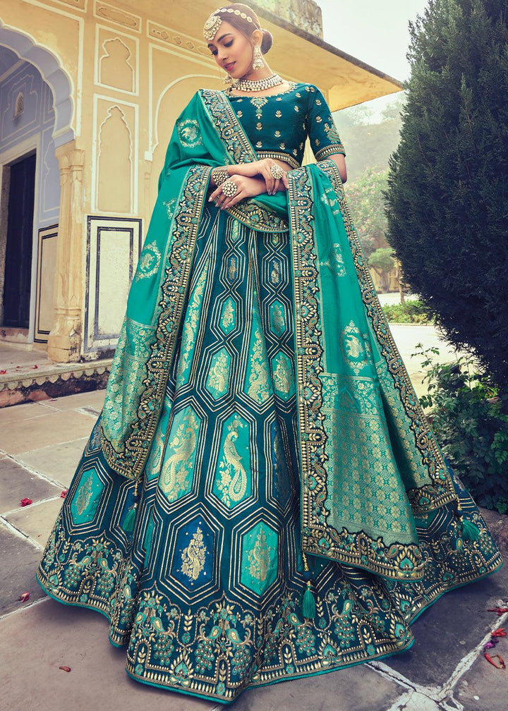 Shades Of Blue Banarasi Silk Lehenga Choli with Khatli and Heavy Embroidered work - qivii