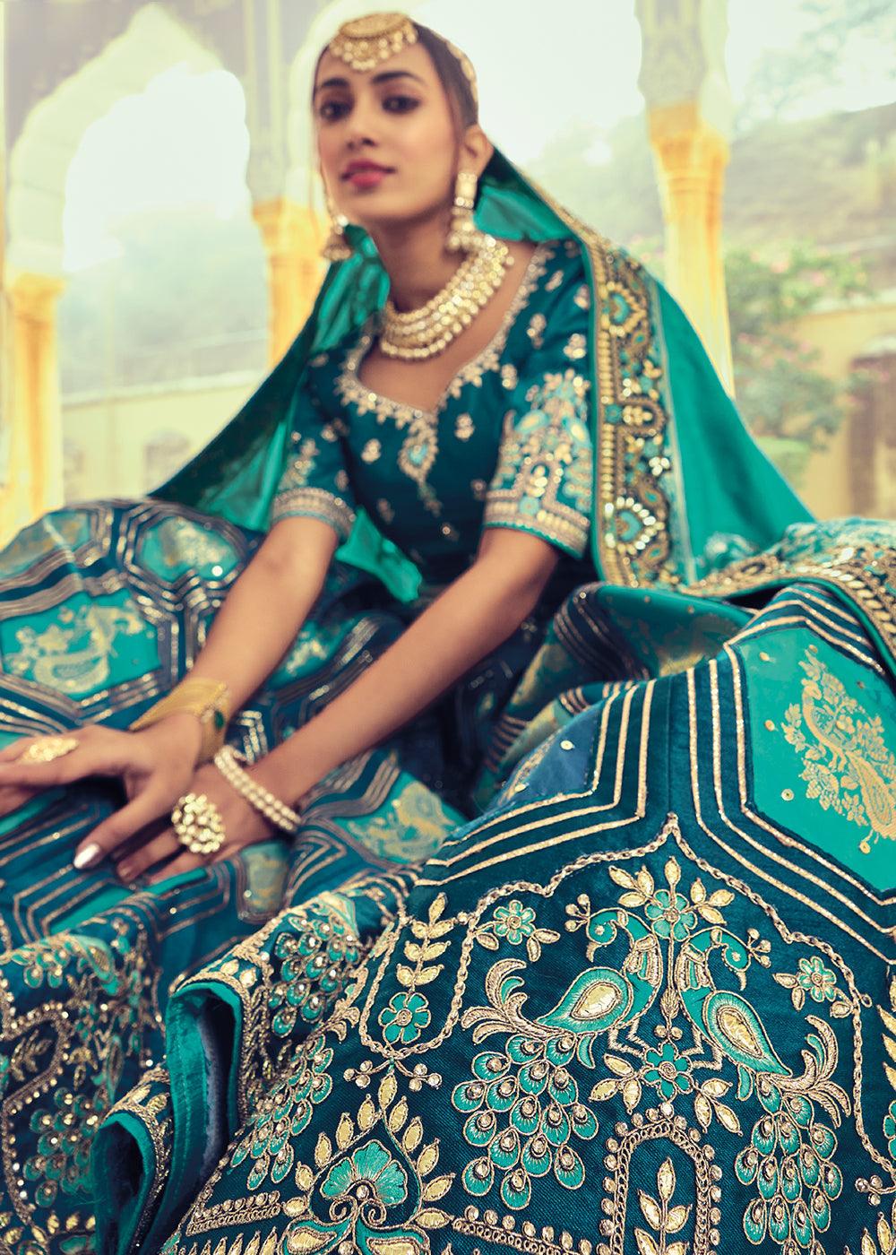 Shades Of Blue Banarasi Silk Lehenga Choli with Khatli and Heavy Embroidered work - qivii