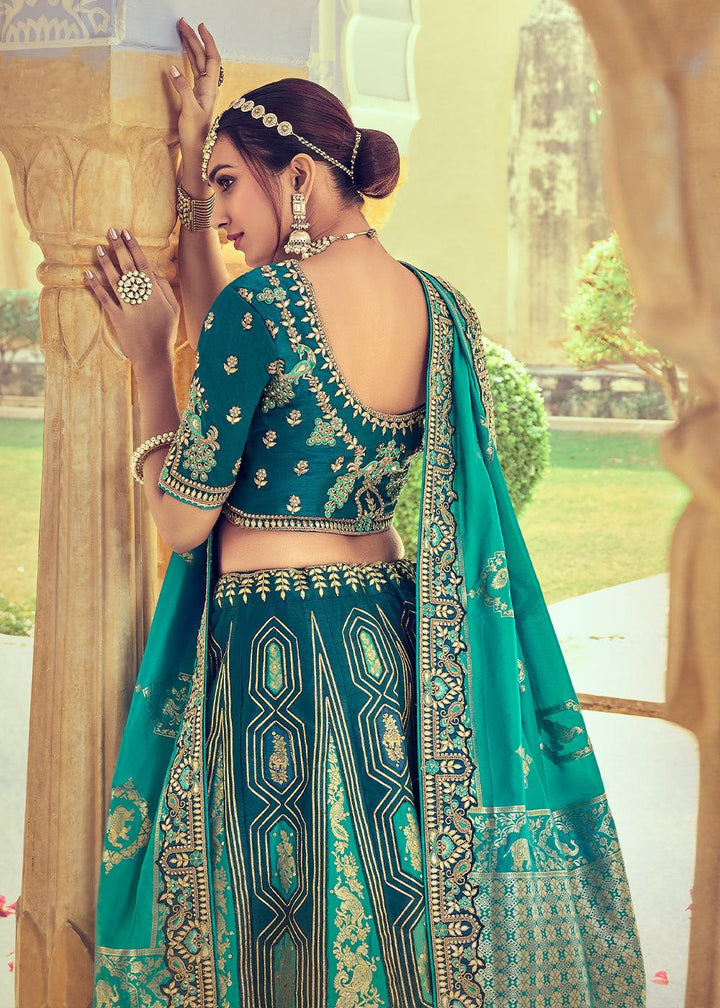 Shades Of Blue Banarasi Silk Lehenga Choli with Khatli and Heavy Embroidered work - qivii