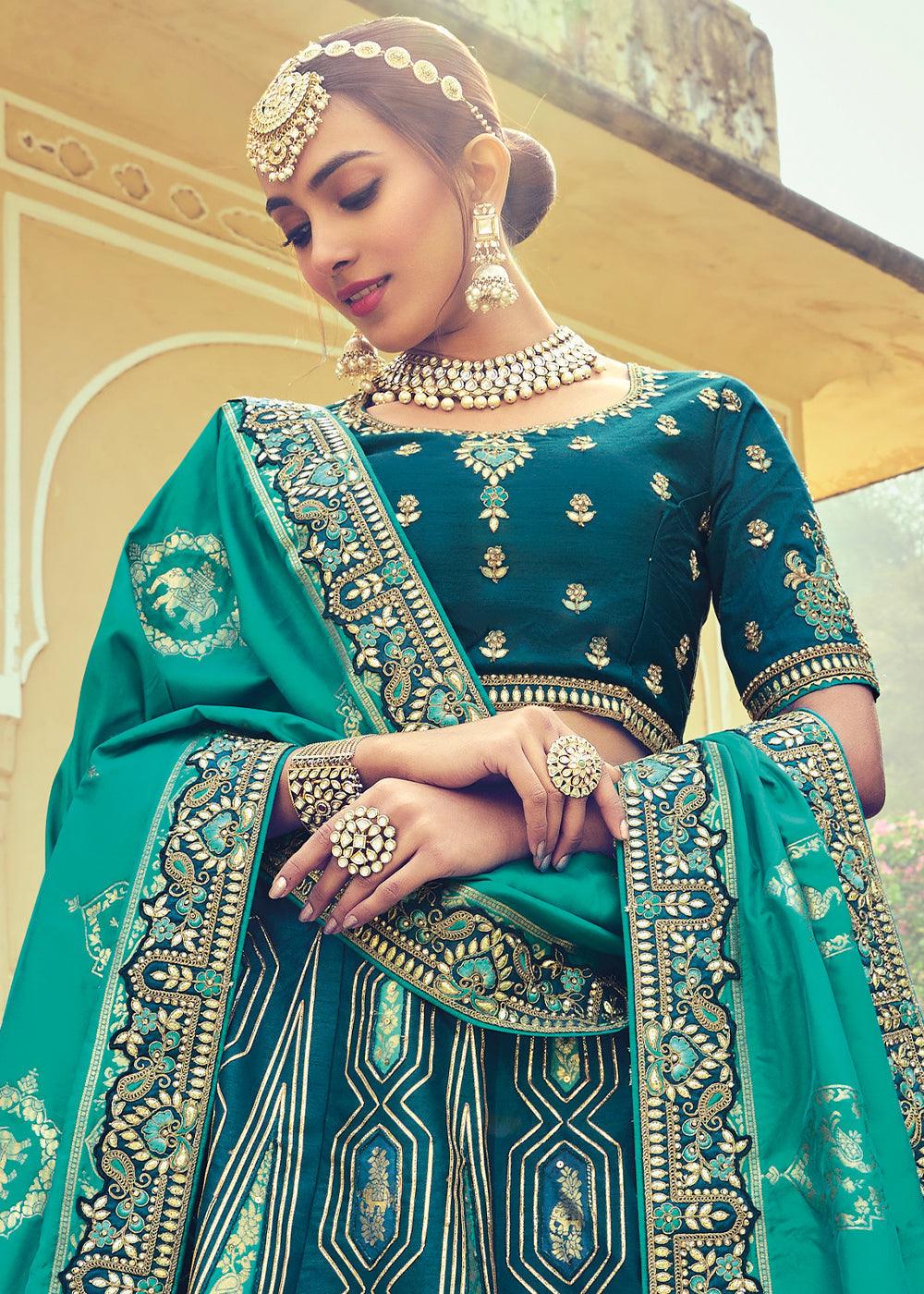 Shades Of Blue Banarasi Silk Lehenga Choli with Khatli and Heavy Embroidered work - qivii