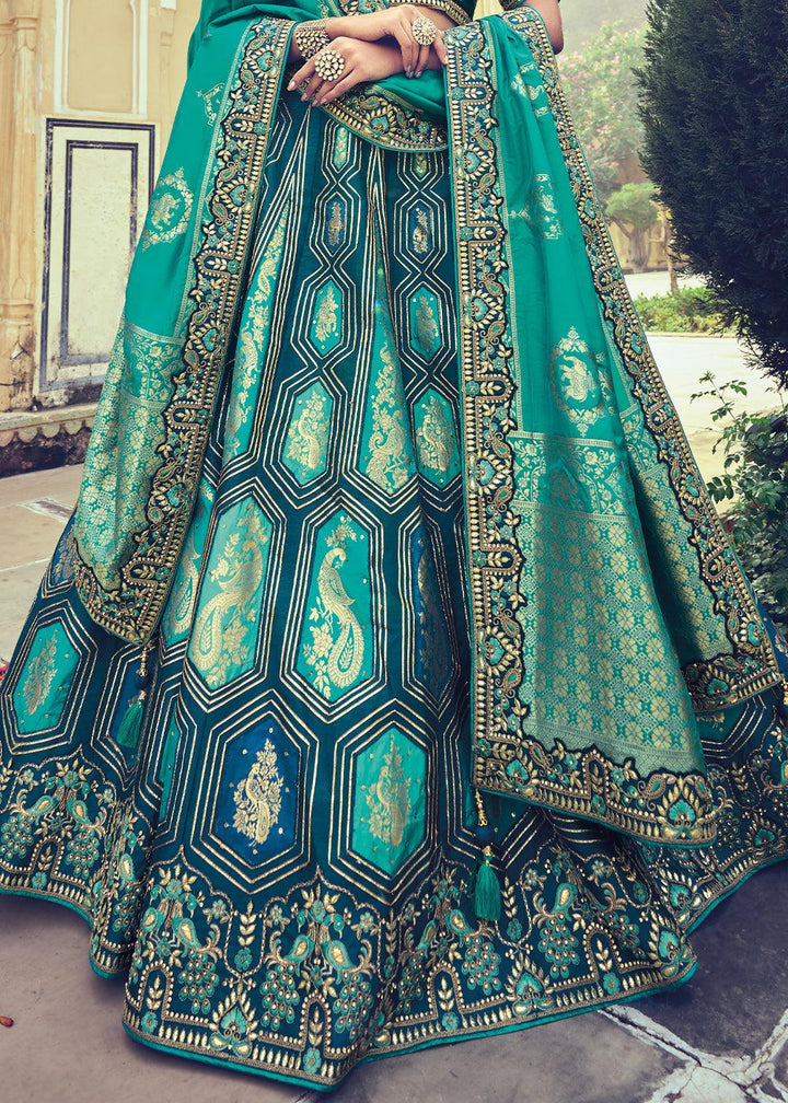 Shades Of Blue Banarasi Silk Lehenga Choli with Khatli and Heavy Embroidered work - qivii