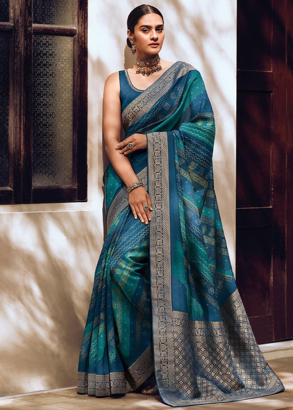 Shades Of Blue Bandhani Printed Woven Viscose Silk Saree - qivii