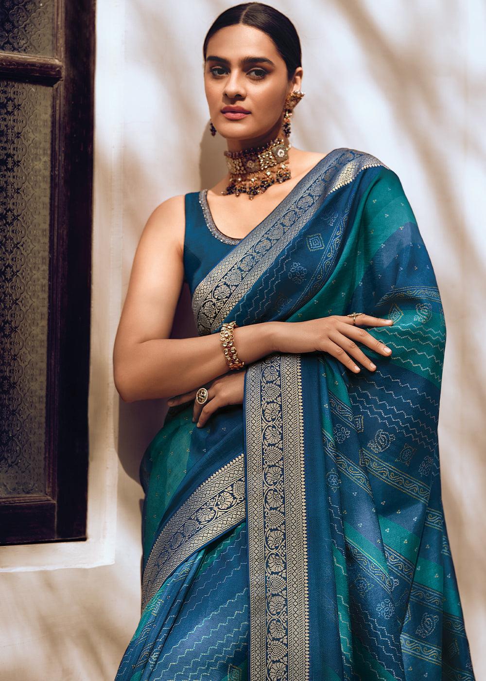 Shades Of Blue Bandhani Printed Woven Viscose Silk Saree - qivii