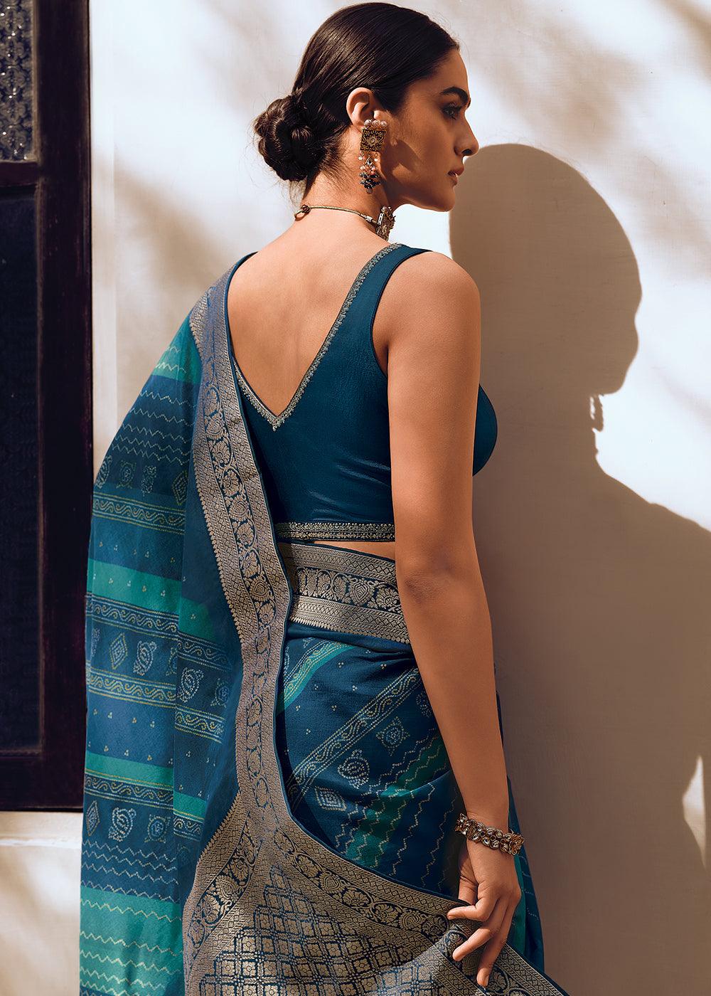 Shades Of Blue Bandhani Printed Woven Viscose Silk Saree - qivii