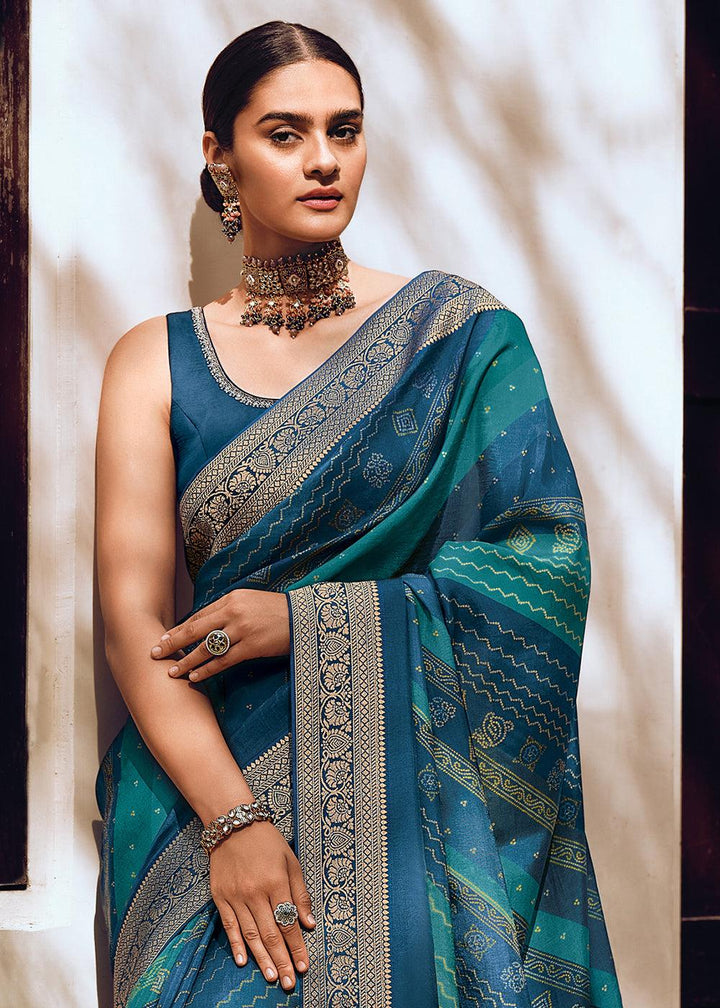 Shades Of Blue Bandhani Printed Woven Viscose Silk Saree - qivii