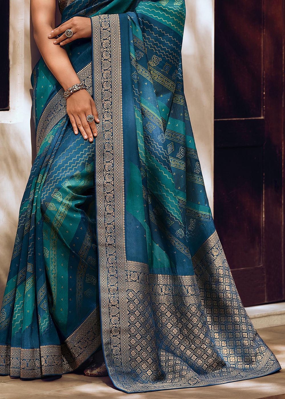 Shades Of Blue Bandhani Printed Woven Viscose Silk Saree - qivii