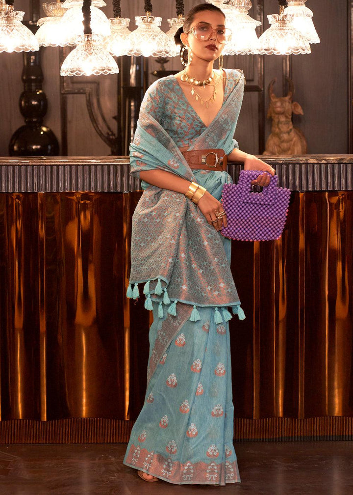 Shades Of Blue Copper Zari Woven Linen Silk Saree - qivii