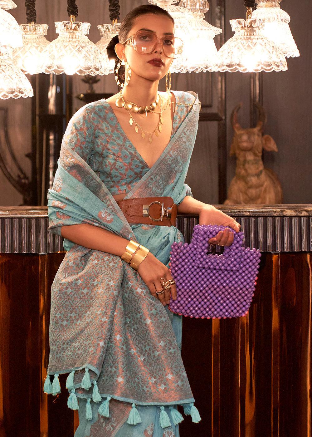 Shades Of Blue Copper Zari Woven Linen Silk Saree - qivii