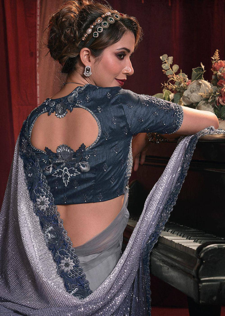 Shades Of Blue Digital Net Saree with Thread,Sequence,Zarkan,Moti and Flower Applique work | Stitched Blouse - qivii