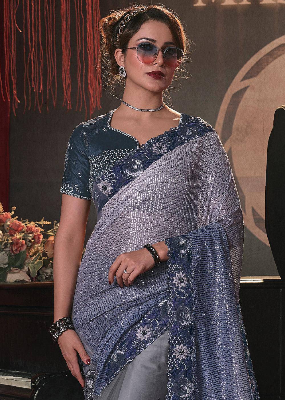 Shades Of Blue Digital Net Saree with Thread,Sequence,Zarkan,Moti and Flower Applique work | Stitched Blouse - qivii