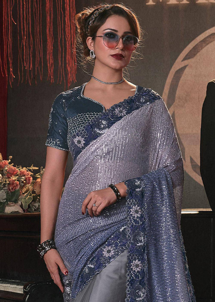 Shades Of Blue Digital Net Saree with Thread,Sequence,Zarkan,Moti and Flower Applique work | Stitched Blouse - qivii