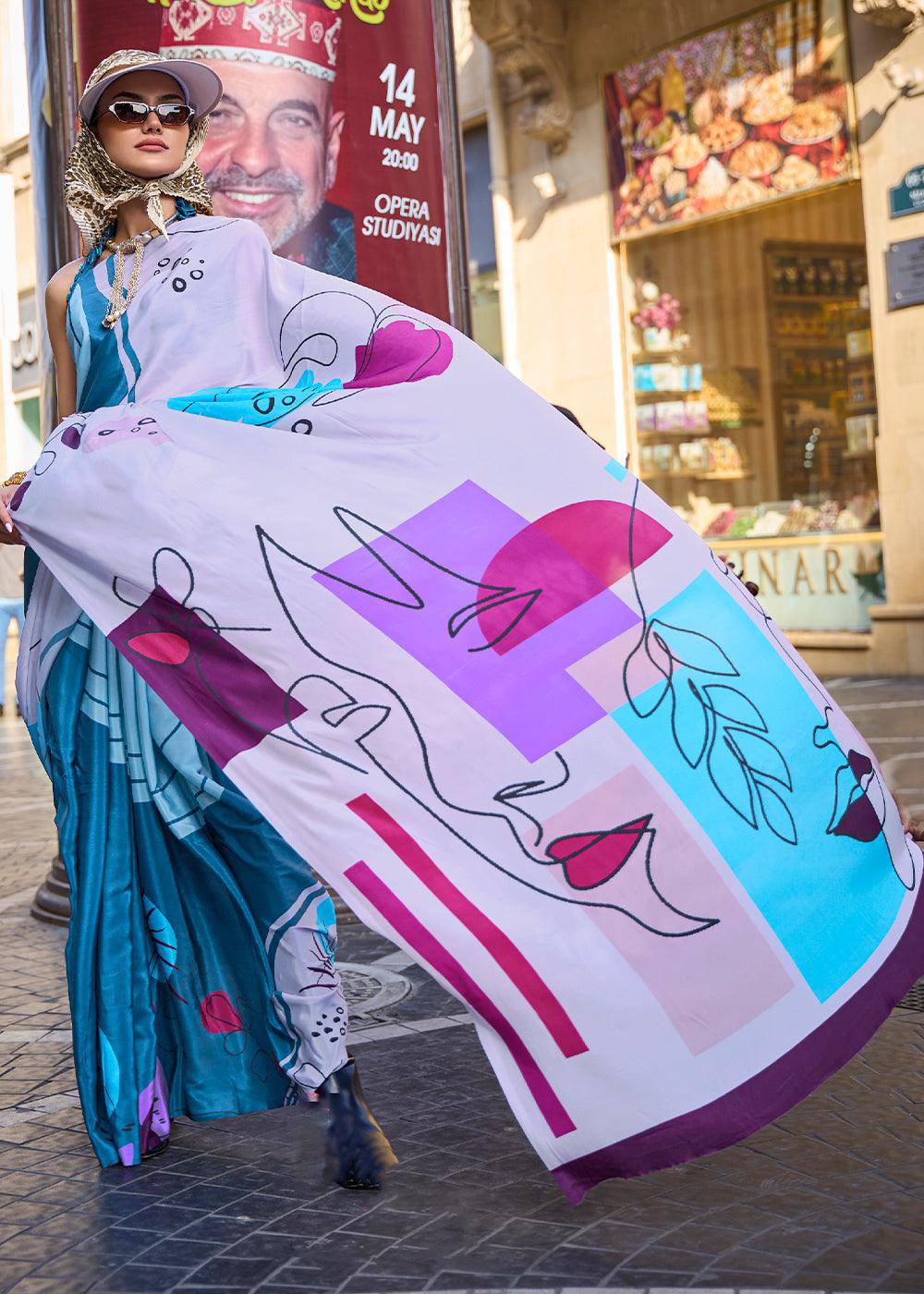 Shades Of Blue Digital Printed Crepe Silk Saree | Stitched Blouse - qivii