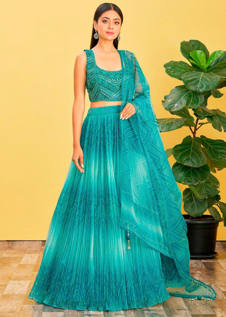 Shades Of Blue Digital Printed Organza Lehenga with Thread,Zari & Sequins Work - qivii