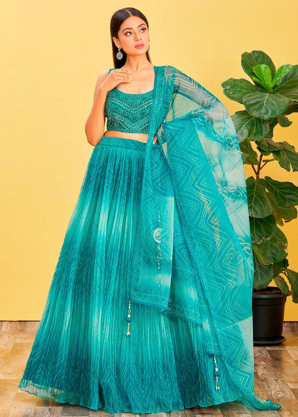 Shades Of Blue Digital Printed Organza Lehenga with Thread,Zari & Sequins Work - qivii