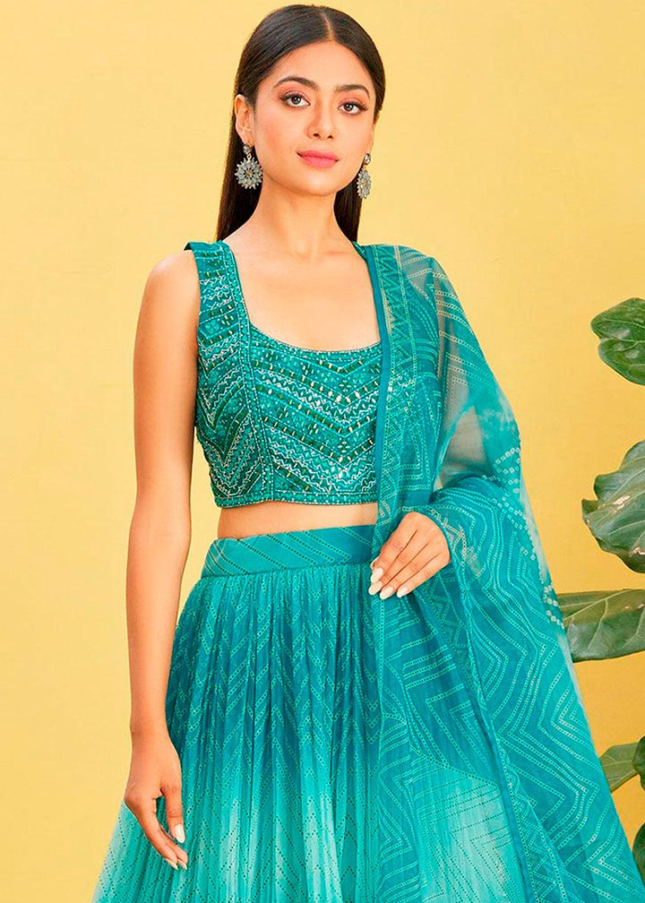 Shades Of Blue Digital Printed Organza Lehenga with Thread,Zari & Sequins Work - qivii