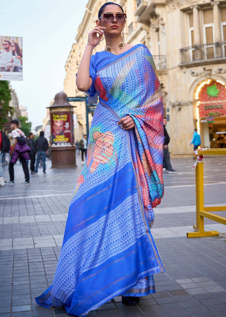 Shades Of Blue Digital Printed Poly Viscose Saree | Stitched Blouse - qivii