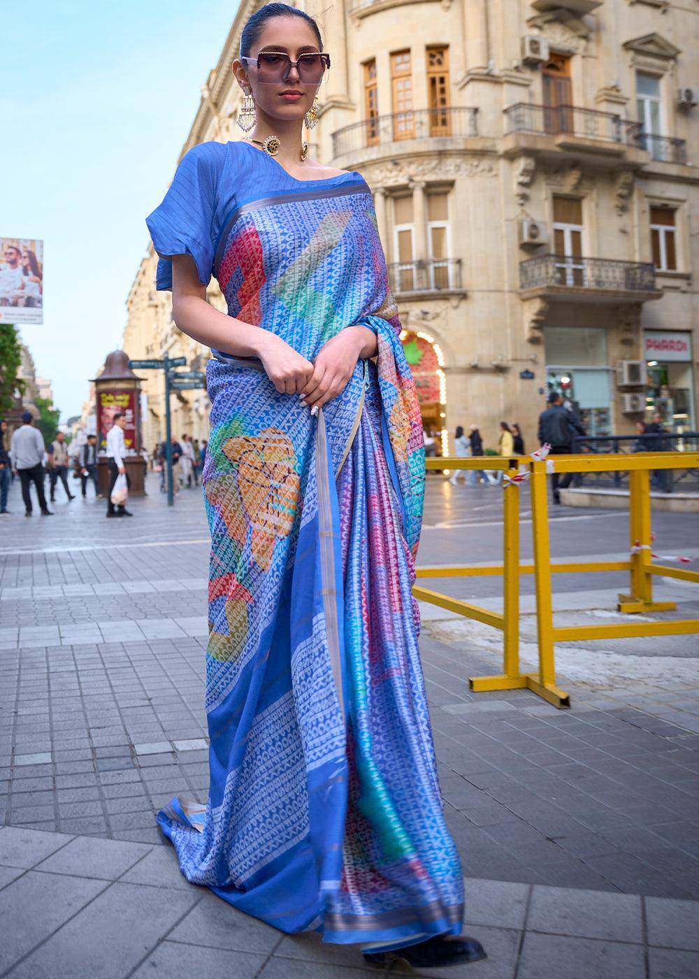 Shades Of Blue Digital Printed Poly Viscose Saree | Stitched Blouse - qivii