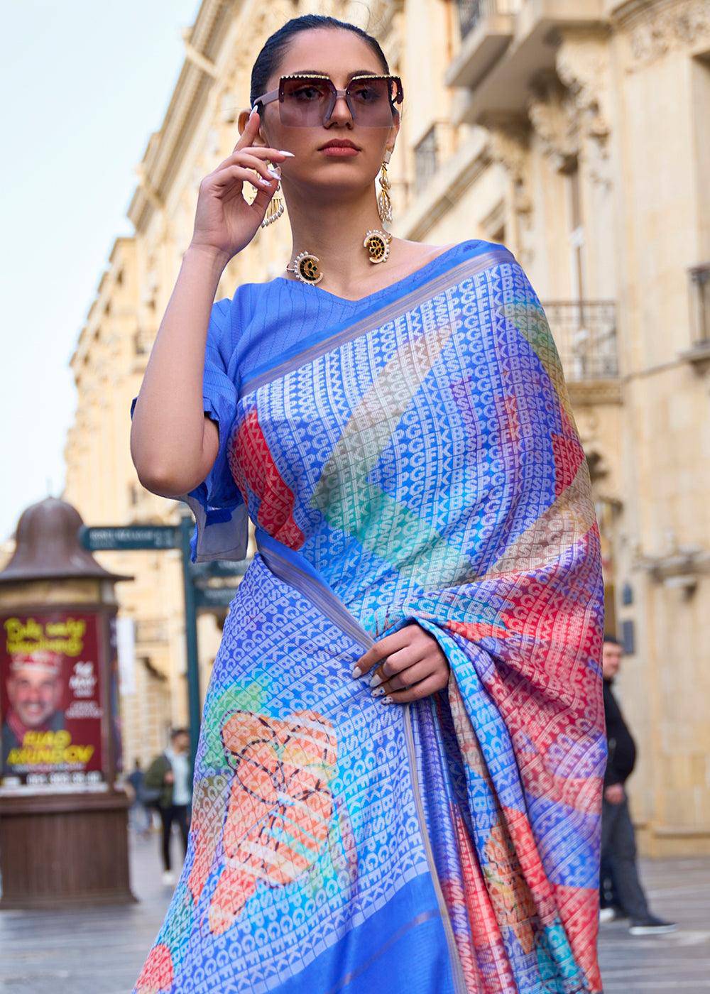 Shades Of Blue Digital Printed Poly Viscose Saree | Stitched Blouse - qivii