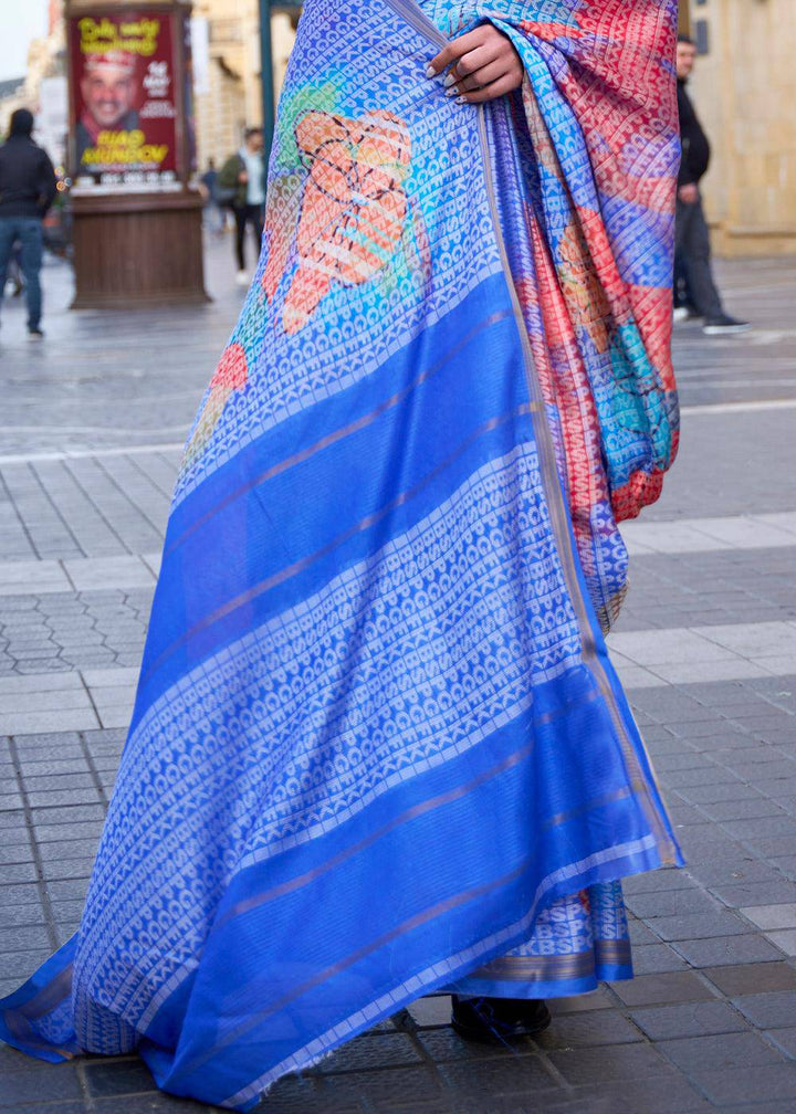 Shades Of Blue Digital Printed Poly Viscose Saree | Stitched Blouse - qivii