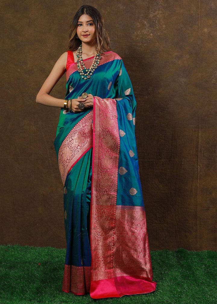 Shades Of Blue Hand Woven Pure Katan Silk Saree | Stitched Blouse - qivii