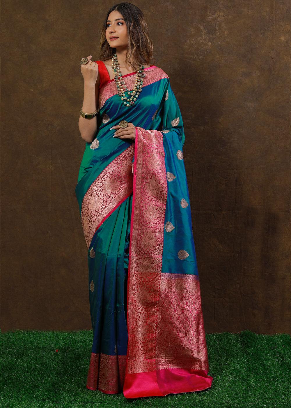 Shades Of Blue Hand Woven Pure Katan Silk Saree | Stitched Blouse - qivii