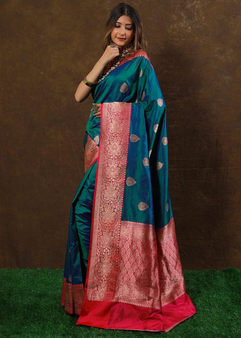 Shades Of Blue Hand Woven Pure Katan Silk Saree | Stitched Blouse - qivii