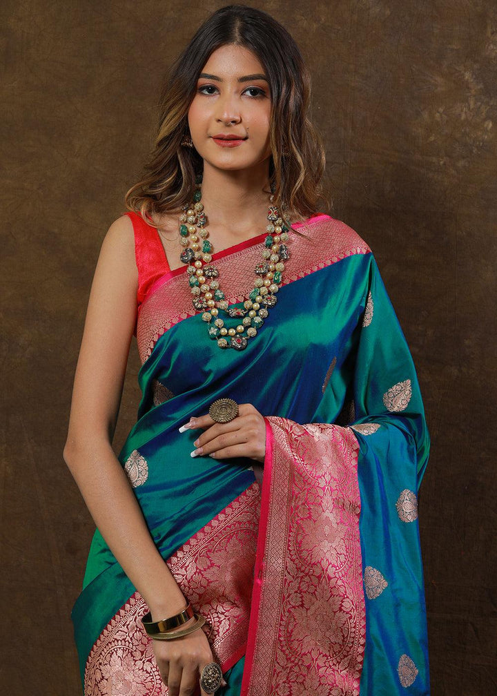 Shades Of Blue Hand Woven Pure Katan Silk Saree | Stitched Blouse - qivii