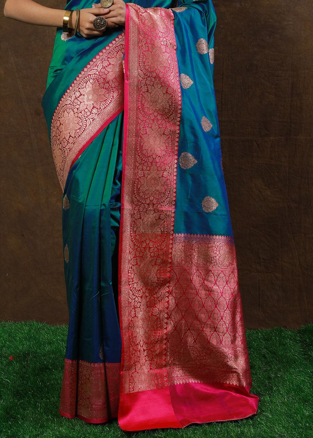 Shades Of Blue Hand Woven Pure Katan Silk Saree | Stitched Blouse - qivii