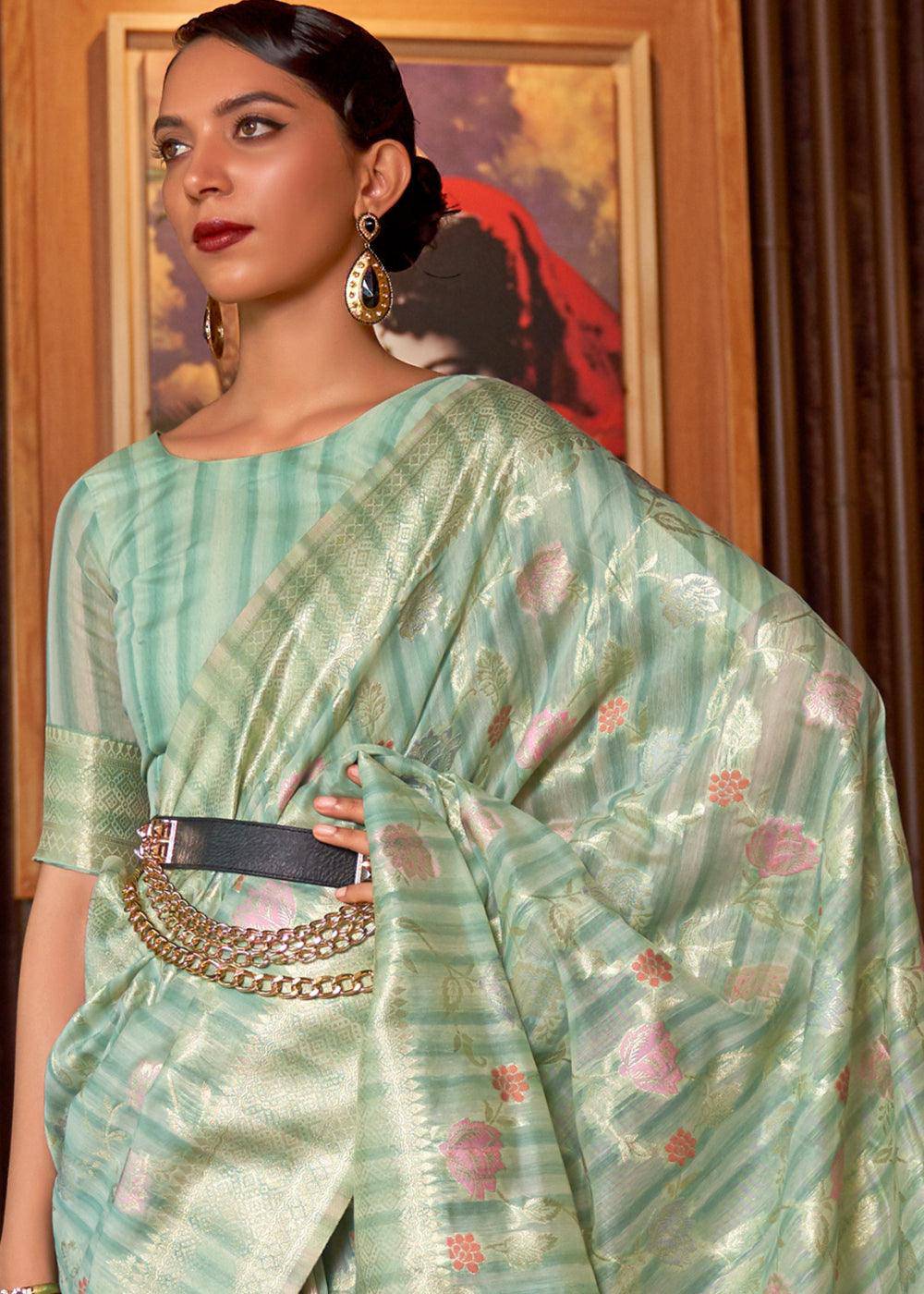 Shades Of Blue Handloom Weaving Linen Silk Saree | Stitched Blouse - qivii