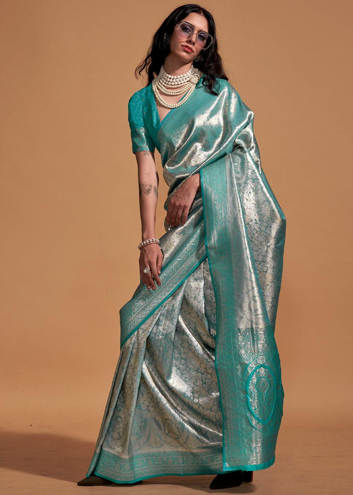 Shades Of Blue Handloom Woven Kanjivaram Silk Saree - qivii