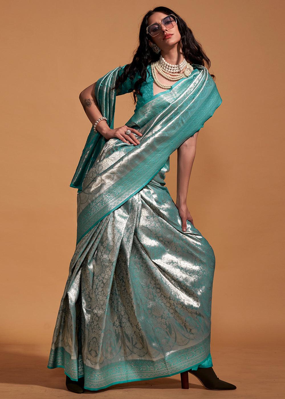 Shades Of Blue Handloom Woven Kanjivaram Silk Saree - qivii