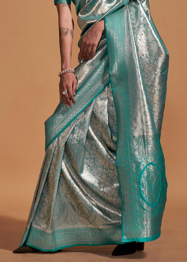 Shades Of Blue Handloom Woven Kanjivaram Silk Saree - qivii