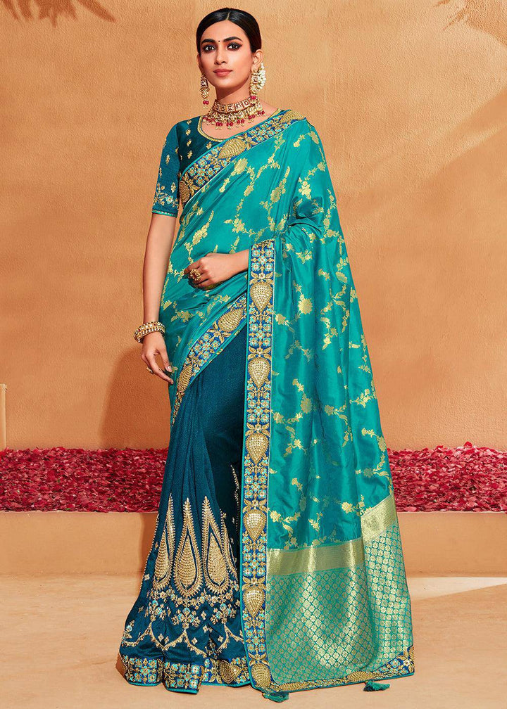 Shades Of Blue Heavy Embroidered Banarasi Silk Saree | Stitched Blouse - qivii