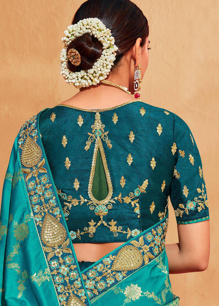 Shades Of Blue Heavy Embroidered Banarasi Silk Saree | Stitched Blouse - qivii