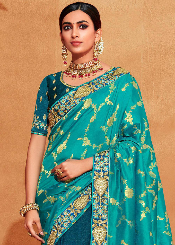 Shades Of Blue Heavy Embroidered Banarasi Silk Saree | Stitched Blouse - qivii