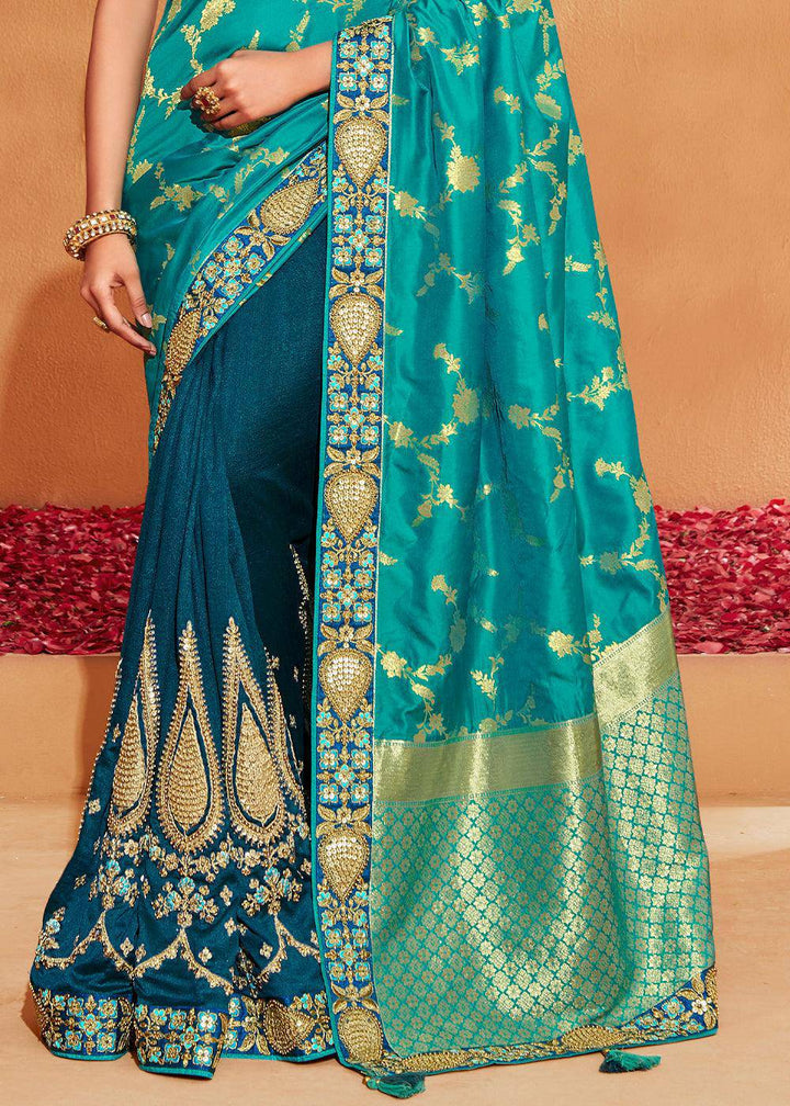 Shades Of Blue Heavy Embroidered Banarasi Silk Saree | Stitched Blouse - qivii