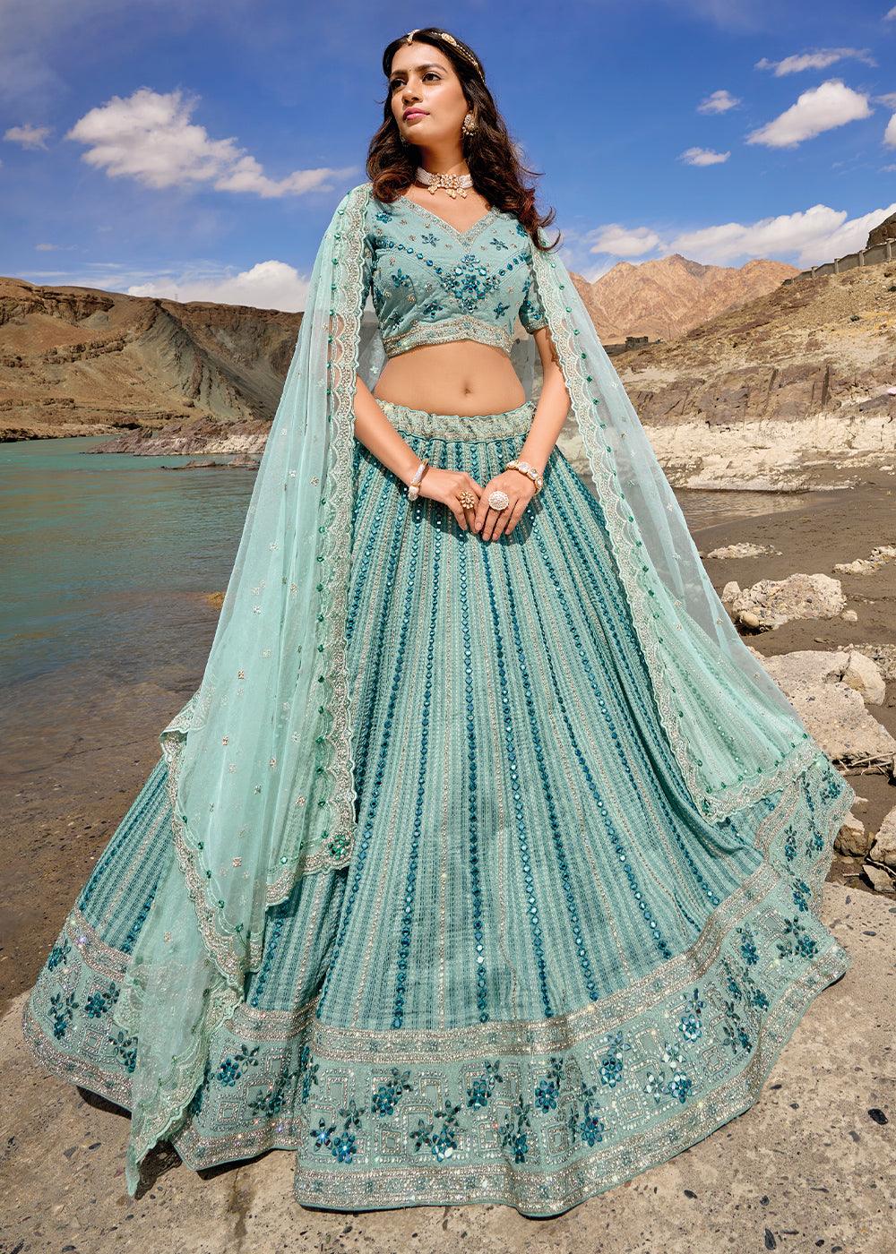 Shades Of Blue lehenga Choli with Mirror,Zarkan & Cutwork - qivii