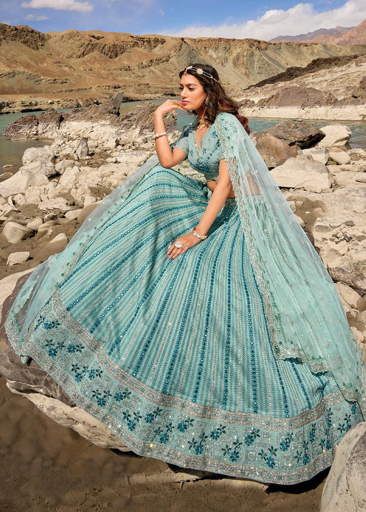 Shades Of Blue lehenga Choli with Mirror,Zarkan & Cutwork - qivii