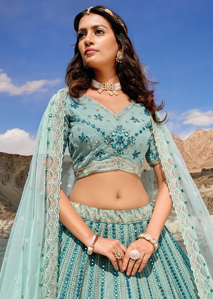 Shades Of Blue lehenga Choli with Mirror,Zarkan & Cutwork - qivii