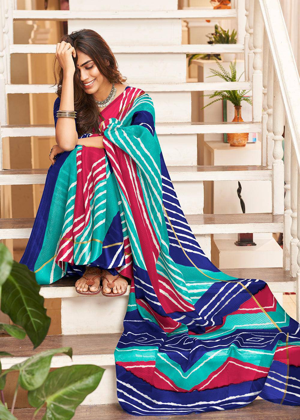 Shades Of Blue Leheriya Printed Cotton Saree : Top Pick | Stitched Blouse - qivii