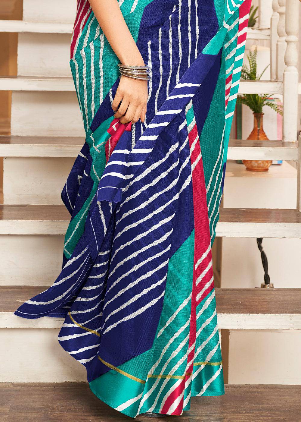 Shades Of Blue Leheriya Printed Cotton Saree : Top Pick | Stitched Blouse - qivii