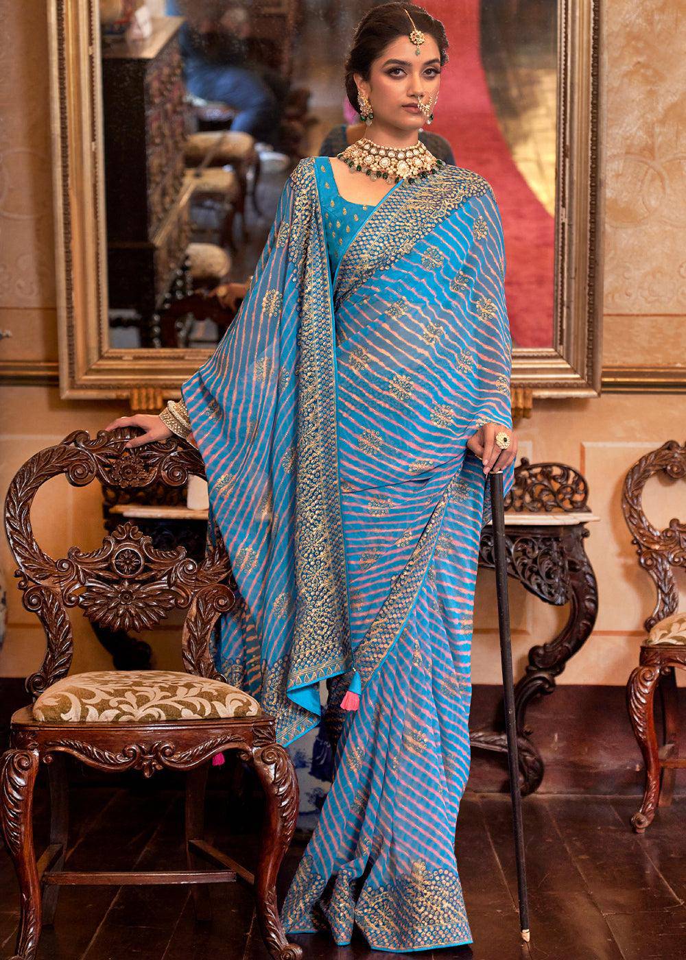 Shades Of Blue Leheriya Printed Georgette Saree | Stitched Blouse - qivii